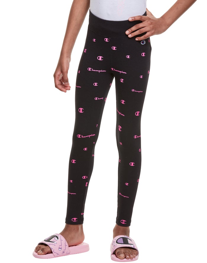 Champion Pige Leggings Sort/Pink - All Over Neon Logo - Danmark DAV-352490